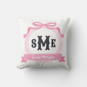 Light Pink Greek Key Bow Monogram Cushion