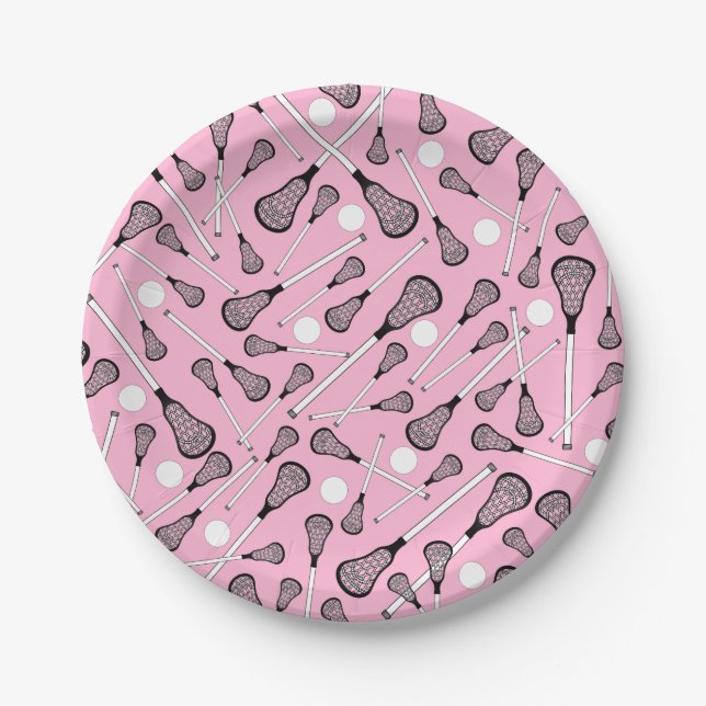 Light pink lacrosse sticks paper plate (Front)