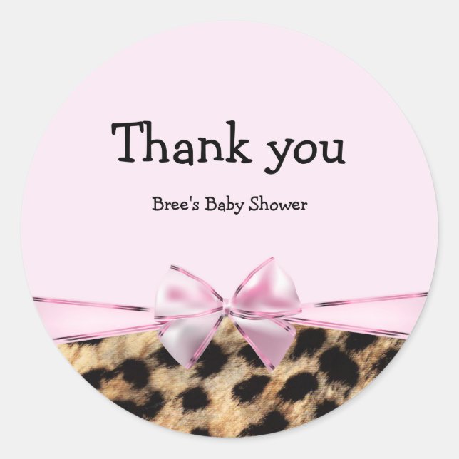 Light Pink & Leopard Print Bow Chic Animal Print Classic Round Sticker (Front)