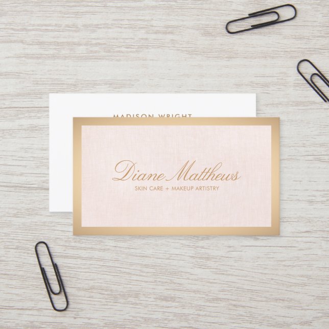 Light Pink Linen , Rose Gold Border Skin Care Spa Business Card (Front/Back In Situ)