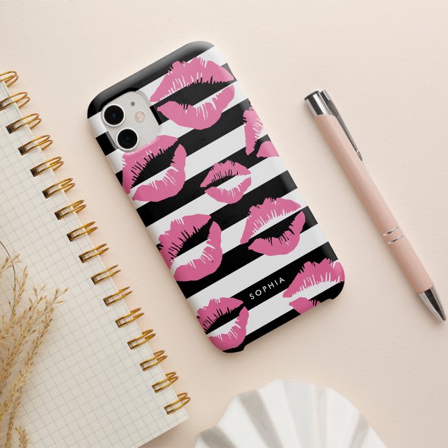 Light Pink Lip Print Kisses Black & White Stripe Case-Mate iPhone Case (Creator Uploaded)