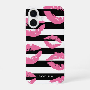 Light Pink Lip Print Kisses Black & White Stripe iPhone 16 Case