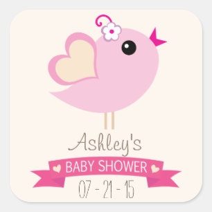 Light Pink Love Bird Baby Shower Square Sticker