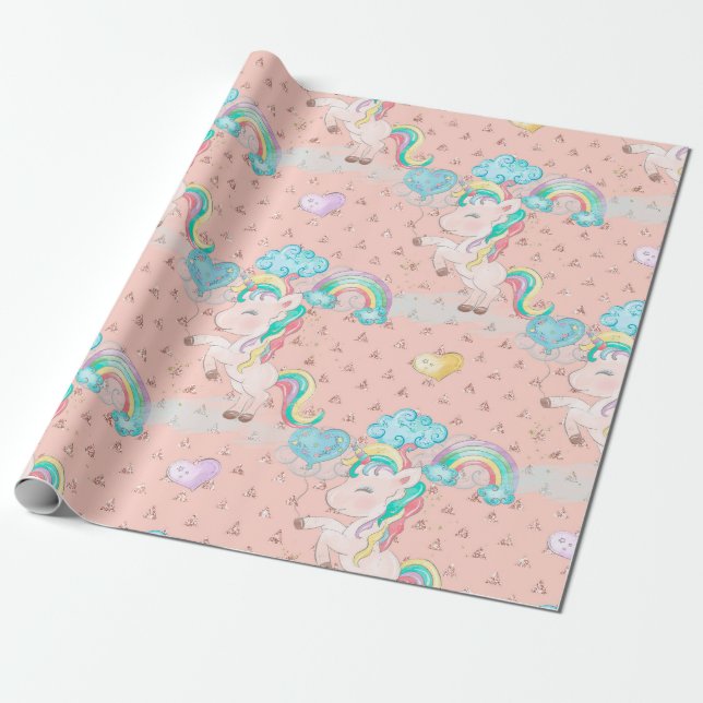 Light Pink Magical Unicorn Pattern Wrapping Paper (Unrolled)