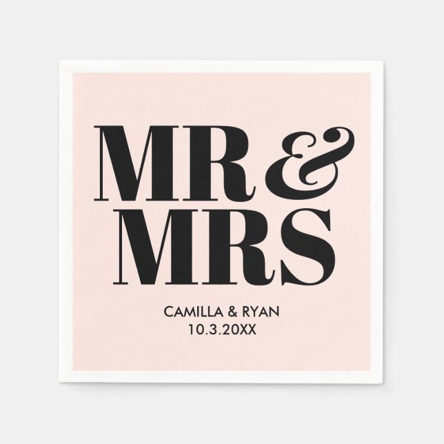Light Pink Mr & Mrs Personalised Wedding Napkins (Front)