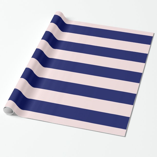 Light Pink, Navy Blue XL Stripes Pattern V Wrapping Paper (Unrolled)