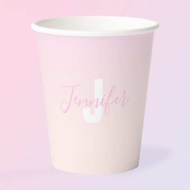 Light Pink & Peach Gradient Ombre Name & Monogram  Paper Cups (Creator Uploaded)