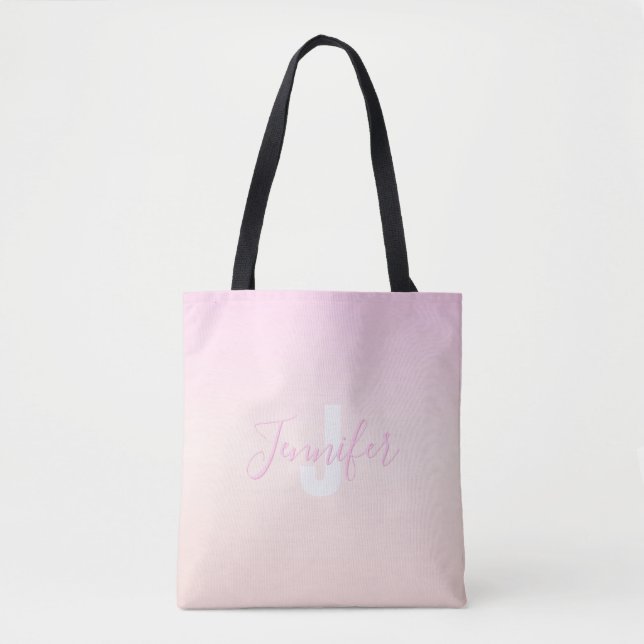 Light Pink & Peach Gradient Ombre Name & Monogram  Tote Bag (Front)