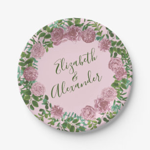 Light Pink Peony & Rose Floral Wedding Paper Plate