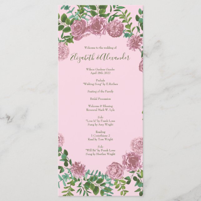 Light Pink Peony & Rose Floral Wedding Programs Menu (Front)