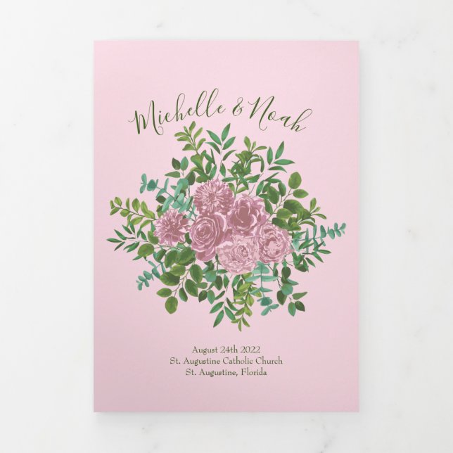 Light Pink Peony & Rose Floral Wedding Programs Tri-Fold Programme (Cover)