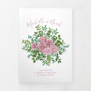 Light Pink Peony & Rose Floral Wedding Programs Tri-Fold Programme