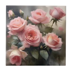 Light pink pretty roses garden watercolor painting tile