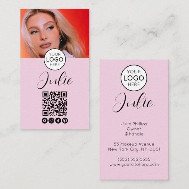 Light Pink QR Code, Logo, and Photo Makeup Business Card (Front/Back)