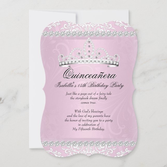Light Pink Quinceanera 15th Birthday Party Tiara Invitation (Front)