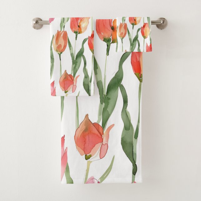 Light pink Red tulip field pattern Bath Towel Set (Insitu)