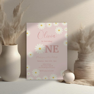 Light Pink Retro Daisy Floral 1st Birthday Party Invitation