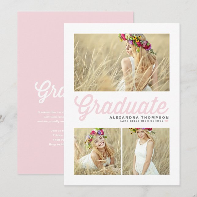 Light Pink Retro Script Three Photo Graduation Invitation (Front/Back)