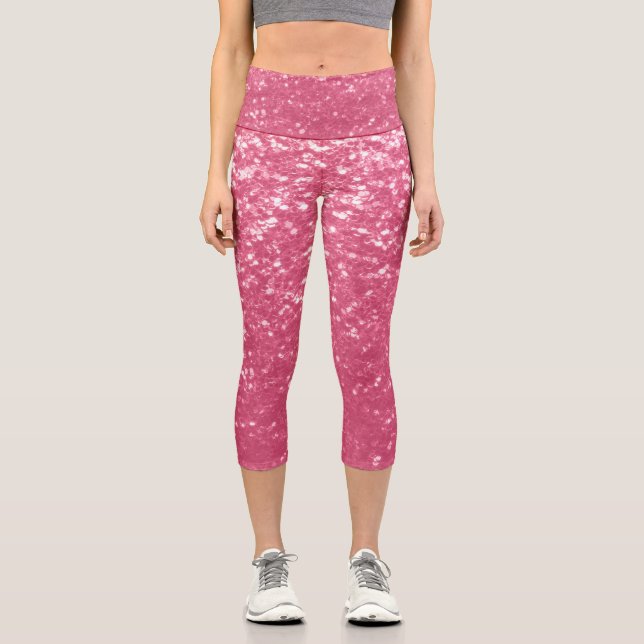 Light pink rose faux sparkles glitter capri leggings (Front)