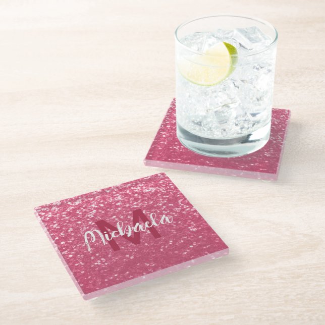 Light pink rose faux sparkles glitter Monogram Glass Coaster (Angled)