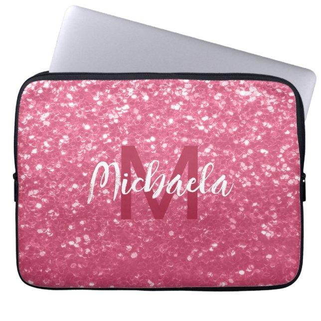 Light pink rose faux sparkles glitter Monogram Laptop Sleeve (Front)