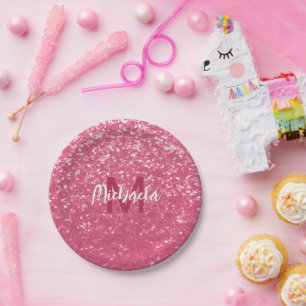 Light pink rose faux sparkles glitter Monogram Paper Plate