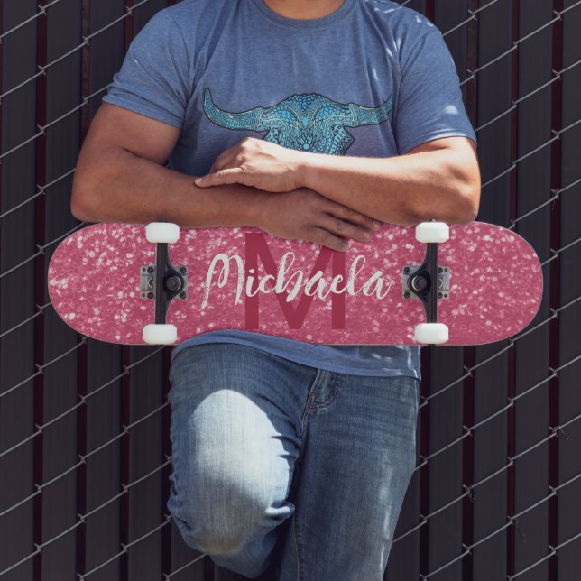 Light pink rose faux sparkles glitter Monogram Skateboard (Outdoor 3)