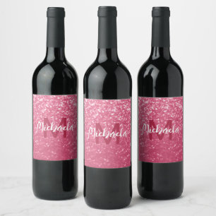 Light pink rose faux sparkles glitter Monogram Wine Label