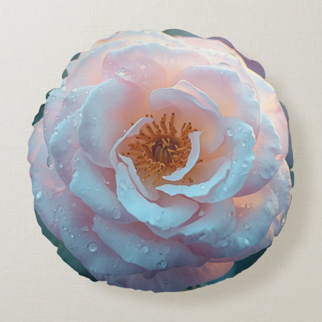 Light Pink Rose With Dew Round Cushion (Front)