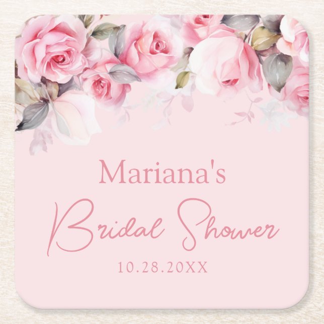 Light Pink Roses Floral Square Paper Coaster (Front)