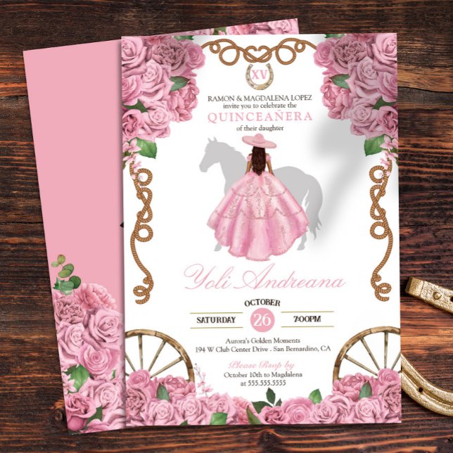 Light Pink Roses Floral Western Charro Quinceanera Invitation (Creator Uploaded)