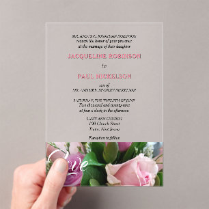 Light Pink Roses Love Bride and Groom Clear Acrylic Invitations