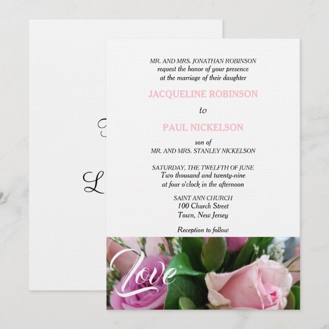 Light Pink Roses Love Wedding Invitation (Front/Back)