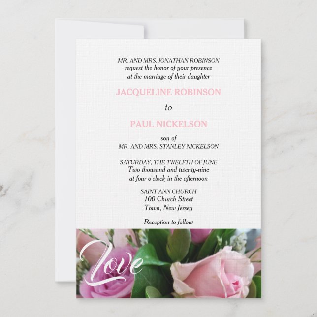 Light Pink Roses Love Wedding Invitation (Front)