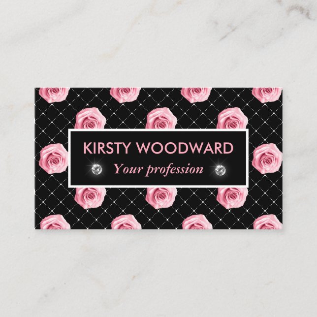 Light Pink Roses on Black & white diamond pattern Business Card (Front)