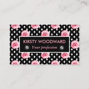 Light Pink Roses on Black & white diamond pattern Business Card