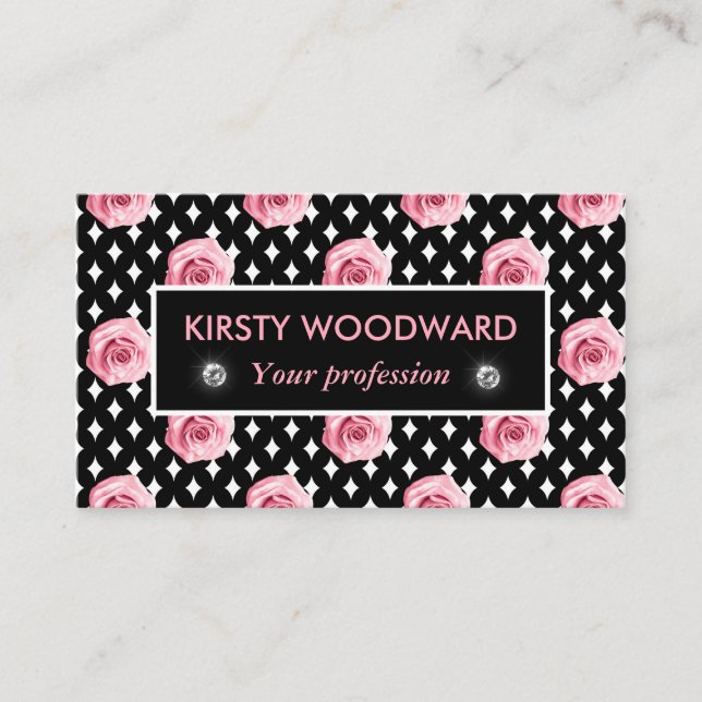 Light Pink Roses on Black & white diamond pattern Business Card (Front)