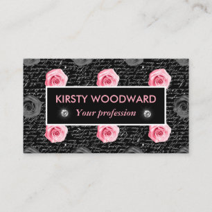 Light Pink Roses on Black & White handwritten text Business Card