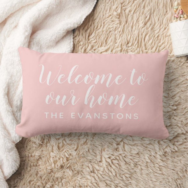 Light Pink Script Welcome to Our Home Lumbar Cushion (Blanket)