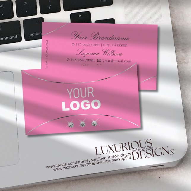 Light Pink Silver Decor Sparkle Diamonds and Logo Business Card (Creator Uploaded)