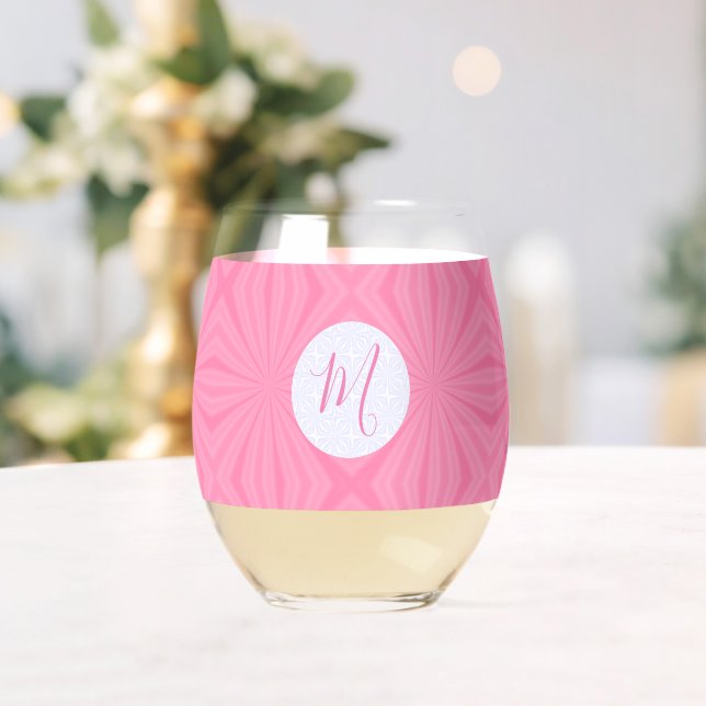 Light Pink Squiggly Squares Personalised Initial  Stemless Wine Glass (Insitu (Wedding))
