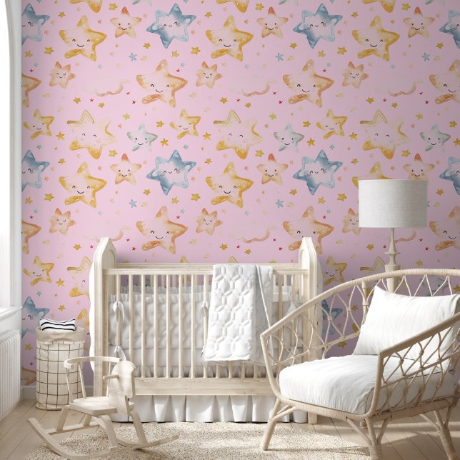 Light Pink Starry Night Pattern Wallpaper (Kids)