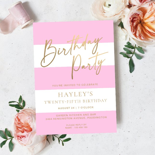 Light Pink Stripe Gold Birthday Invitation (Birthday Party Invitation Stripe )
