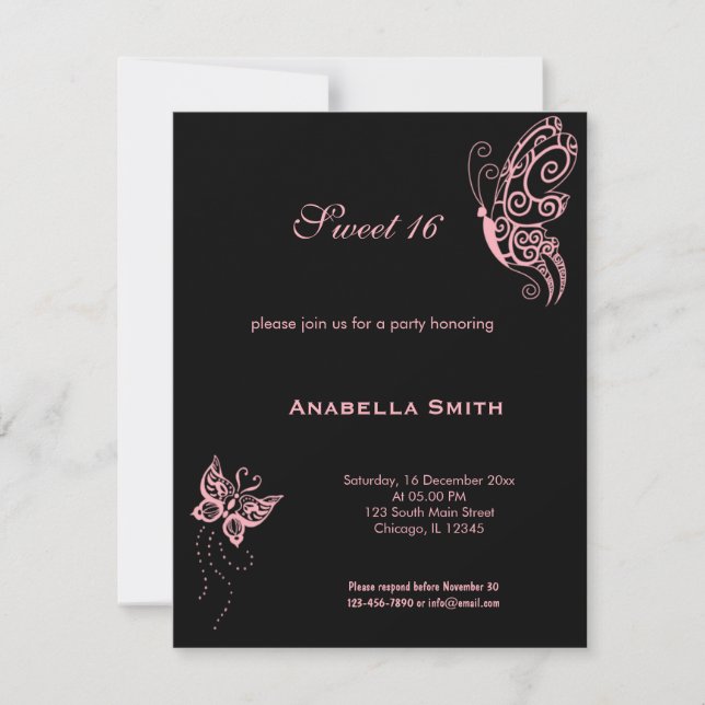 Light Pink Sweet 16 Butterflies Invitation (Front)
