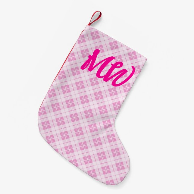 Light pink tartan Christmas holidays Monogram Small Christmas Stocking (Front (Hanging))