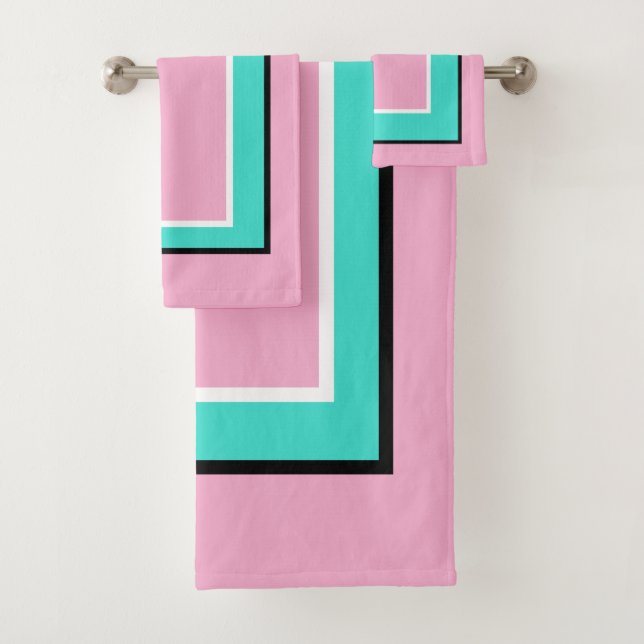 Light Pink Turquoise Black Block Pattern Bath Towel Set (Insitu)