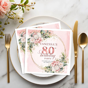 Light Pink Watercolor Floral 80th Birthday Napkins
