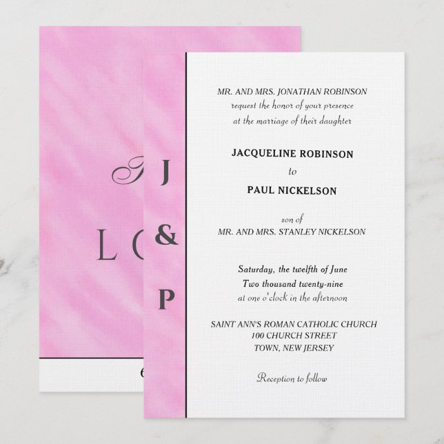 Light Pink Watercolor Grey Monogram  Invitation (Front/Back)
