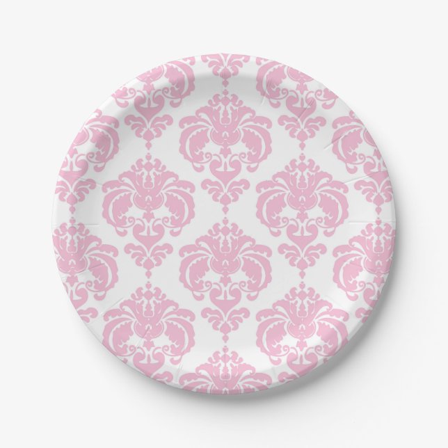 Light Pink & White Damask Chic Elegant Party Paper Plate (Front)