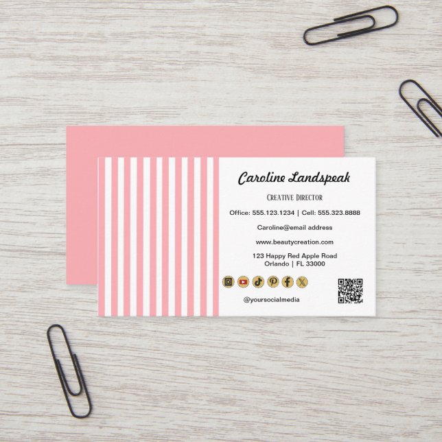 Light Pink White Stripes QR Code Social Media Icon Business Card (Front/Back In Situ)